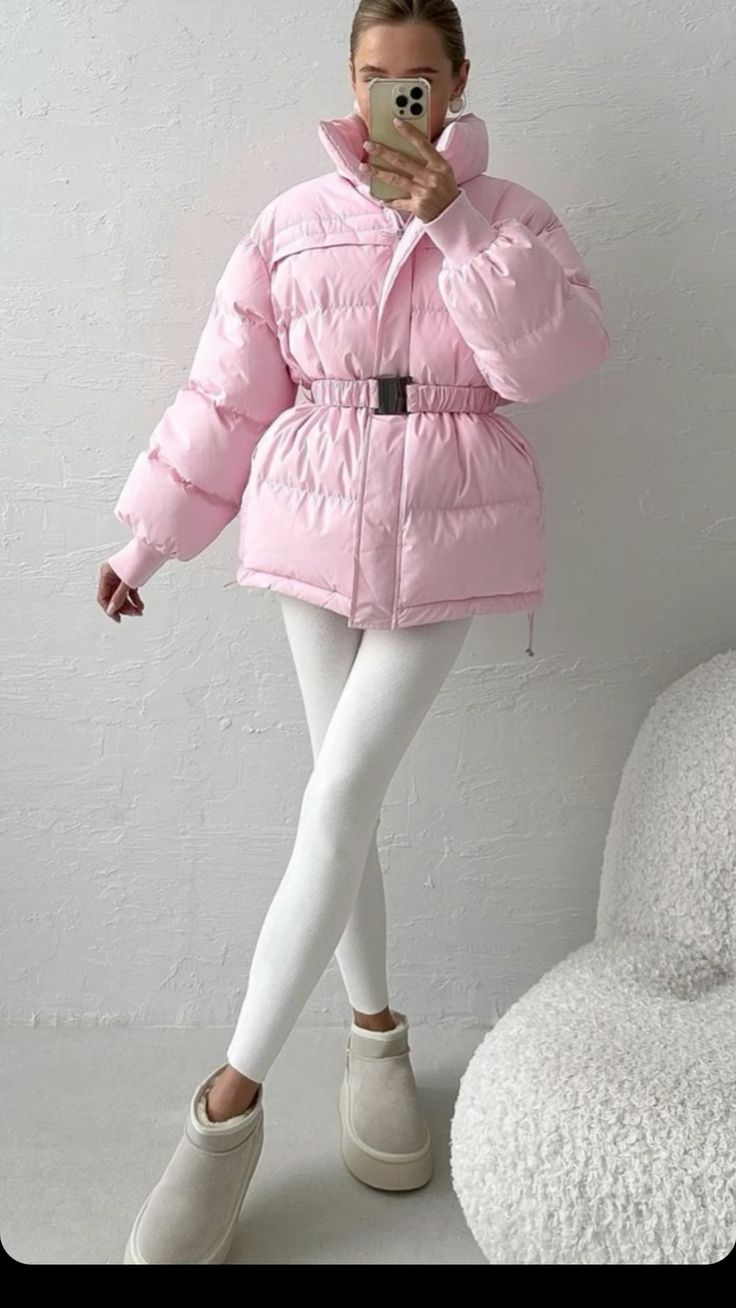 Belted Pink Puffer with White Leggings